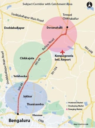 Doddaballapur–Devanahalli growth corridor map showing Kempegowda International Airport, Bellary Road, Yelahanka, Jakkur, Thanisandra and Bengaluru.